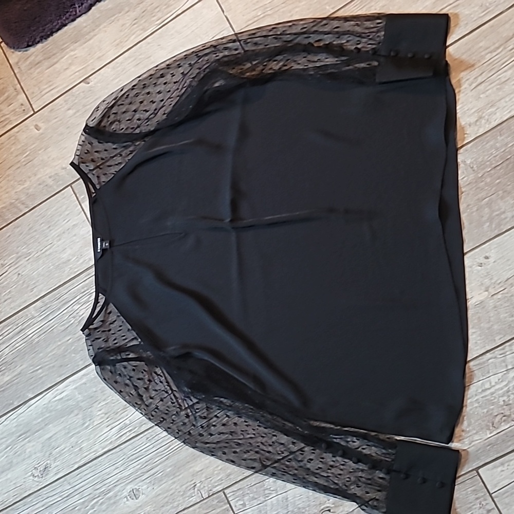Express Black blouse w/ dot mesh sleeve